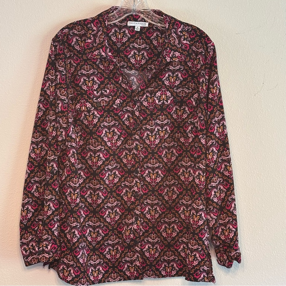 EUC Notations Women's Black and Pink Print Blouse Button Down SZ 1X Long Sleeve